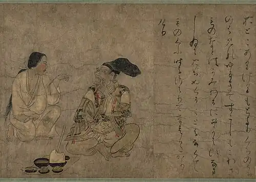 Фрагмент свитка Ямай-но соси[фр.] XII века, хэйанская сервировка стола на подносе осики