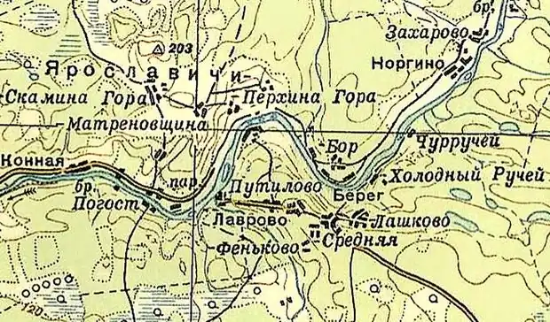 Деревня Средняя на карте 1940 года