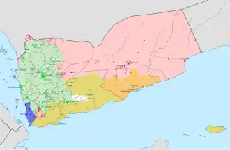 Под контролем международно-признанного Правительства Йемена:
&nbsp;&nbsp;&nbsp;&nbsp;&nbsp;&nbsp;&nbsp; Под прямым контролем вооружённых сил Йемена
&nbsp;&nbsp;&nbsp;&nbsp;&nbsp;&nbsp;&nbsp; Под контролем ЮПС (с 2022 часть правительства Йемена)
&nbsp;&nbsp;&nbsp;&nbsp;&nbsp;&nbsp;&nbsp; Под контролем Хадрамаутских элитных сил[англ.]
&nbsp;&nbsp;&nbsp;&nbsp;&nbsp;&nbsp;&nbsp; Под контролем Йеменского национального сопротивления[англ.]
Под контролем оппозиции:
&nbsp;&nbsp;&nbsp;&nbsp;&nbsp;&nbsp;&nbsp; Под контролем ВПС и хуситов
&nbsp;&nbsp;&nbsp;&nbsp;&nbsp;&nbsp;&nbsp; Под контролем Аль-Каиды на Аравийском полуострове и Ансар аш-Шариа[англ.] (Детальная карта[англ.])