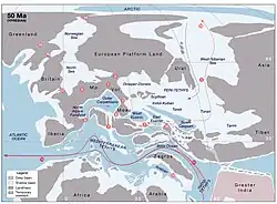 Палеогеография региона Тетис 50 млн лет назад, ипрский век, ранний эоцен.