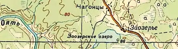 Деревня Заозерье на карте РККА 1940 года