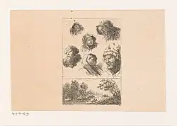 Шесть мужских и женских голов и пейзаж с деревней вдалеке. 1744. Офорт