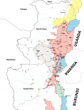 Военная обстановка на май 2025 года
—Под контролем «Движения 23 марта» и ополчения Ньятуры
—Под контролем Сухопутных войск Демократической Республики Конго[англ.] и союзных ополченцев.
—Присутствие сил угандийской армии
—Присутствие вооружённых сил Бурунди
—Присутствие ополченцев Вазалендо[англ.] (поддерживаемых ДР Конго)
Полезные ископаемые:
 Золотые рудники
 Танталовые, вольфрамовые или оловянные рудники