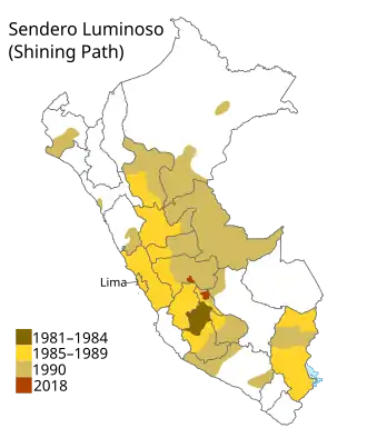 Области, где партия «Сияющий Путь» была активна или поддерживается сейчас.