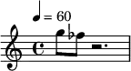 \relative c'
{ \clef treble \time 4/4 \set Staff.midiInstrument = #"lead 1 (square)" \tempo 4 = 60
g''8 fes8 r2.
}