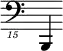 { \new Staff \with { \remove "Time_signature_engraver"} {\clef "bass_15" b,,,,4}}