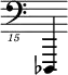 { \new Staff \with { \remove "Time_signature_engraver"} {\clef "bass_15" des,,,,4}}