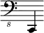 { \new Staff \with { \remove "Time_signature_engraver"} {\clef "bass_8" c,,4}}