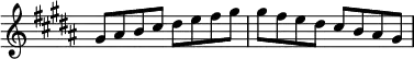 \new Staff \with {\remove "Time_signature_engraver"} {\key gis \minor \set Score.tempoHideNote = ##t \tempo 8 = 120
gis'8 ais'8 b'8 cis''8 dis''8 e''8 fis''8 gis''8
gis''8 fis''8 e''8 dis''8 cis''8 b'8 ais'8 gis'8 }