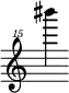 { \new Staff \with { \remove "Time_signature_engraver"} {\clef "treble^15" bis'''''4}}