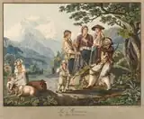 Музыканты, играющие на альпийском рожке. Офорт, акварель. Швейцарская национальная библиотека, Берн