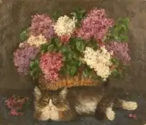 Натюрморт с сиренью и котом