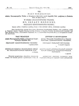 Законодательный Вестник Польши, 1932 год, номер 115, поз. 951. Официальный текст Польско-советского договора о ненападении. На русском и польском языках.