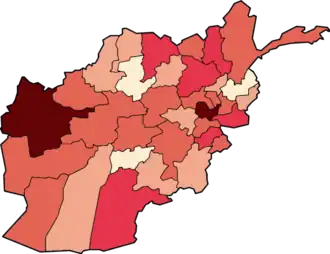 Карта распространения COVID-19 в Афганистане (по состоянию на 5 мая): &nbsp;Нет подтверждённых случаев &nbsp;1–9 подтверждённых случаев &nbsp;10–19 подтверждённых случаев &nbsp;20-49 подтверждённых случаев &nbsp;50-99 подтверждённых случаев &nbsp;≥100 подтверждённых случаев