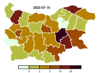 Текущая ситуация по областям: новых случаев заражения на 100 000 населения, выявленных за последние 14 дней до даты карты.
